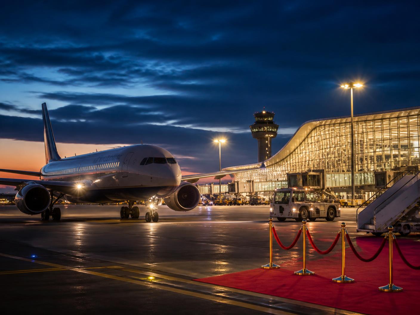 A premium aircraft on the apron at dusk beside a modern glass terminal and a red-carpet protocol area